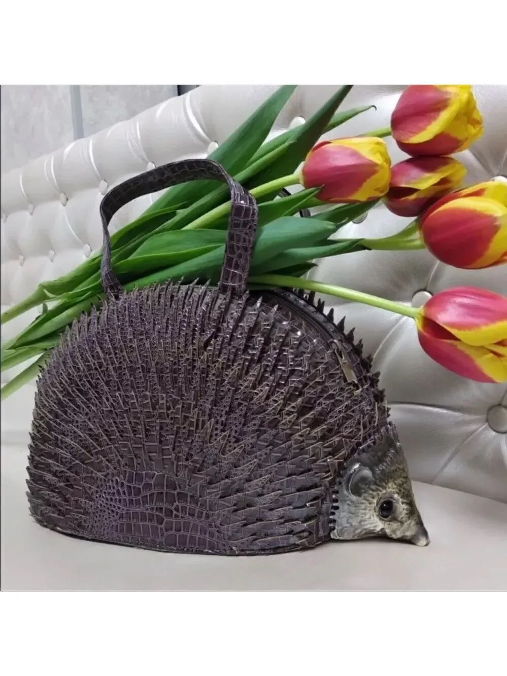 HEDGEHOG NOVELTY BAG PURPLE CROC EMBOSSED SATCHEL UNIQUE STATEMENT HANDBAG